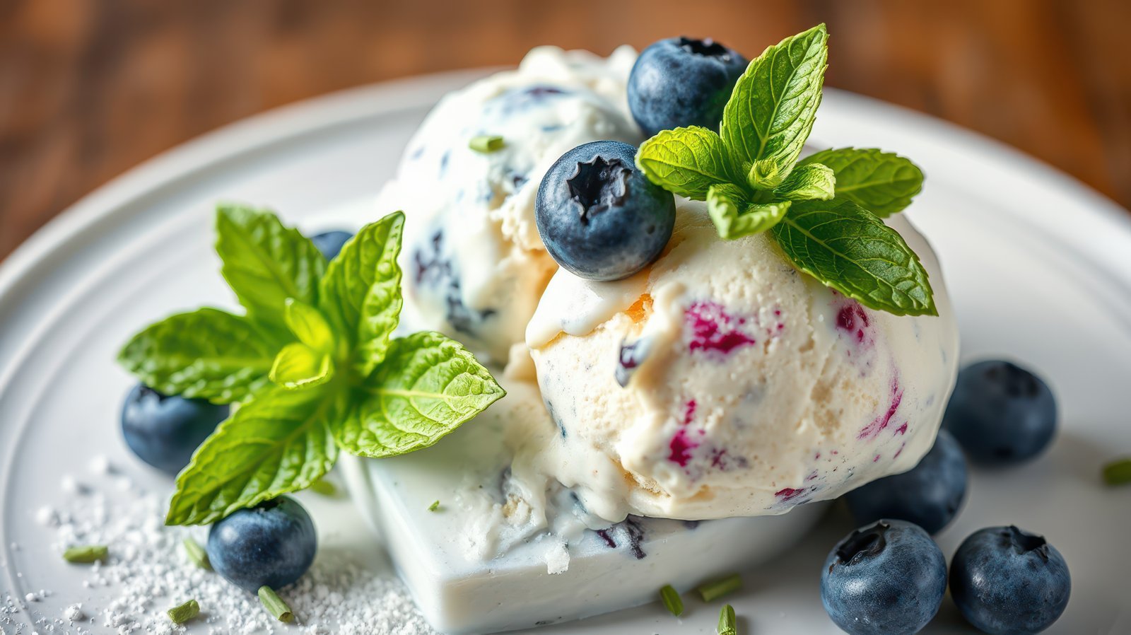 Delicious ice cream served with fresh blueberries and mint on a stone plate